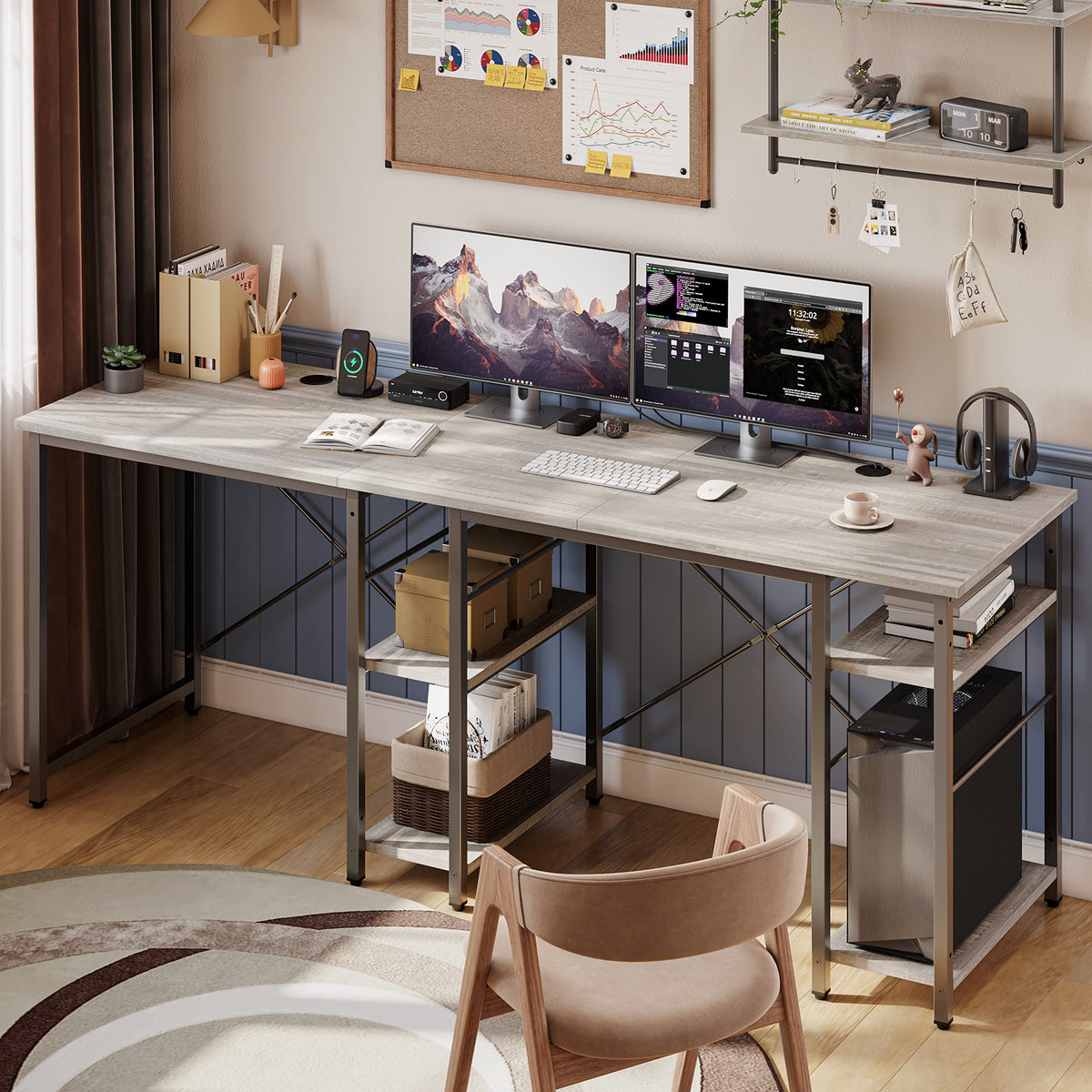 Bestier L Shaped Desk with Shelves 75 Inch Reversible Corner Computer Desk or 2 Person Long Table, Writing Study Desk for Home Office Small Space Bedroom Apartment, Wash White