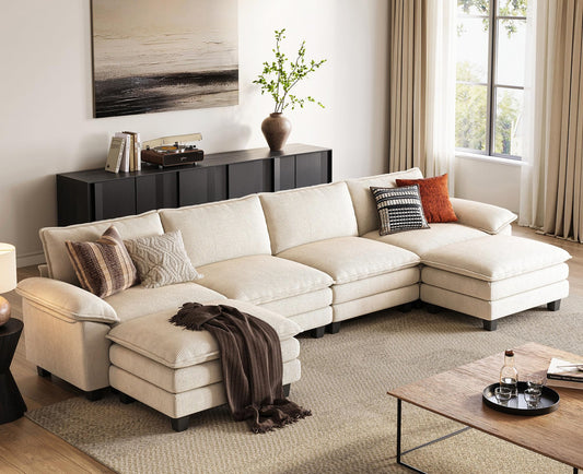 LINSY HOME 157'' Modular Sectional Sofa Beige Couch Corduroy Cloud Couches for Living Room, U Shaped Couch with Movable Ottoman, Modern Cloud Sectional Sofas for Bedroom and Apartment, Beige