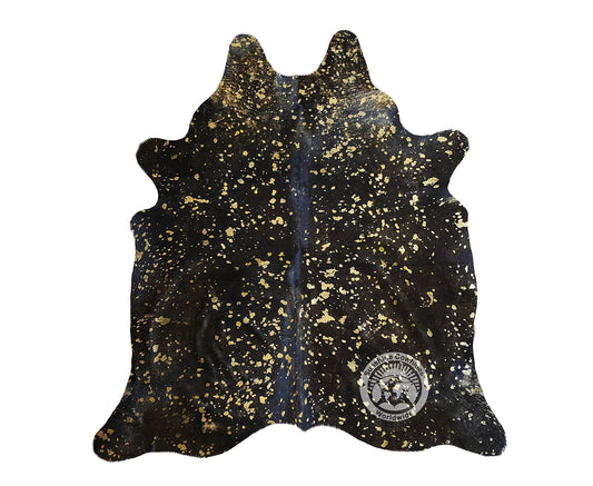 Sunshine Cowhides 100% Genuine Metallic Gold on Dyed Black Cowhide Rug - Modern Style Brazilian Animal Skin Rug & Floor Carpet for Living Room, Bedroom, Kitchen & More - Large (6x7-8ft)