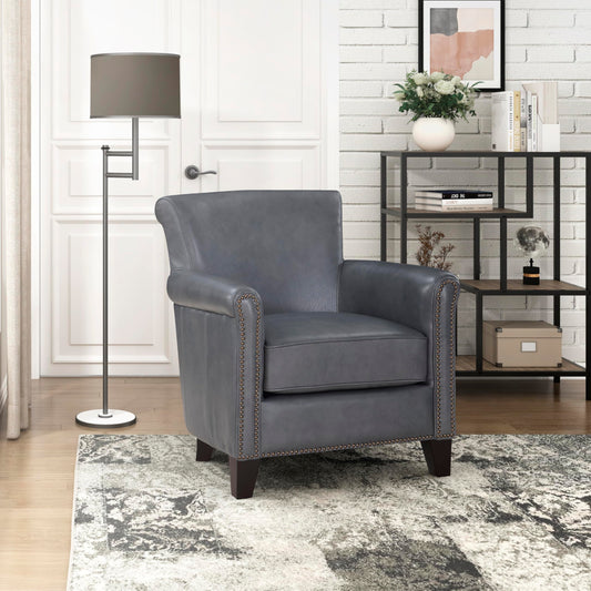 Lexicon 100% Top Grain Genuine Leather Chair, Leather Accent Chairs for Living Room, Solid Wood Frame, Rolled Armrest & Nailhead Trim, Comfy Reading for Bedroom, Office, Waiting Room, Burnish Gray