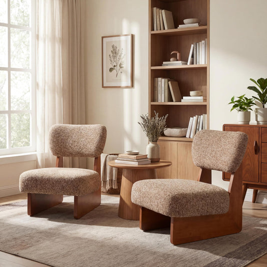 Christopher Knight Home Mores Low Profile Accent Chair Set of 2, Modern Living Room Armless Lounge Chair, Fabric Comfy Reading Chair for Bedroom, Wooden Frame and Thick Padded Seat, Walnut+Multi-Brown