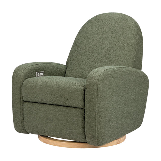 Babyletto Nami Electronic Power Recliner and Swivel Glider with USB Port in Olive Boucle with Light Wood Base, Water Repellent & Stain Resistant, Greenguard Gold and CertiPUR-US Certified