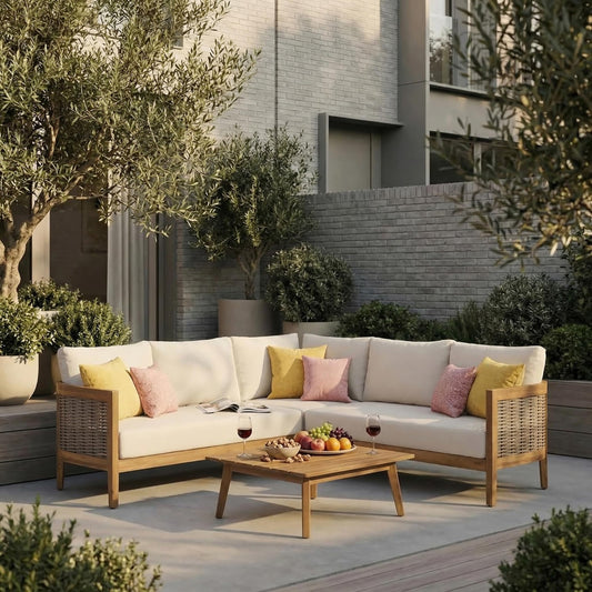 Merax 4 Piece Rattan Sofa Paito Conversation Set, All-Weather Acacia Wood V-Shaped Sectional Sofa with Coushions, 1 Coffee Table for Porch, Lawn, Backyard, Balcony, Teak