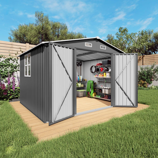 Vigo huseeo 10x8x6.4FT Outdoor Storage Shed, Galvanized Steel Garden Shed with Lockable Door & Window, Waterproof Metal Tool Storage for Garden, Backyard, Patio, Lawn(Grey)