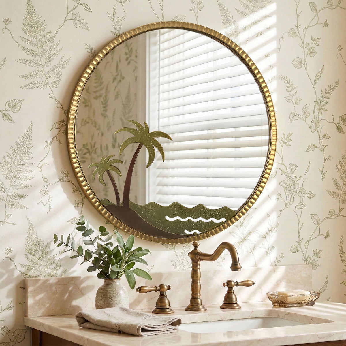 Kaleifaun Round Gold Wall Mirror 32" – Decorative Metal Frame Wall Mirror with Tropical Coconut Tree, Beaded Coastal Accent Mirror for Living Room, Bedroom, Bathroom, Beach House