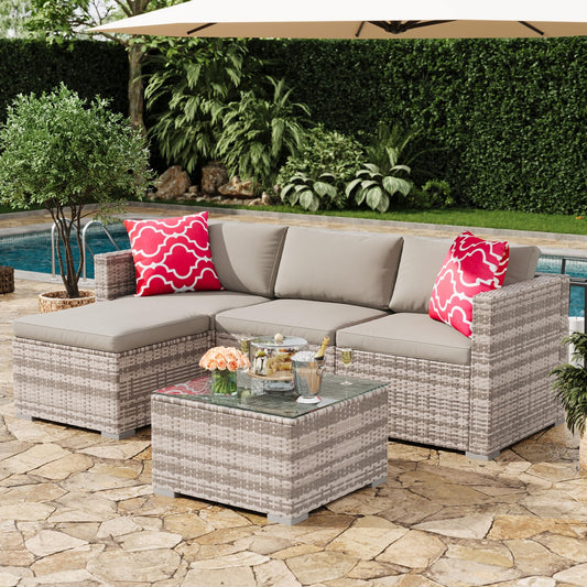 MilleLoom 5-Piece Outdoor Sectional Sofa Set, All-Weather PE Rattan Patio Furniture with Ottoman & Tempered Glass Table, Convertible Garden Couch for Backyard, Porch, Poolside (Gray)