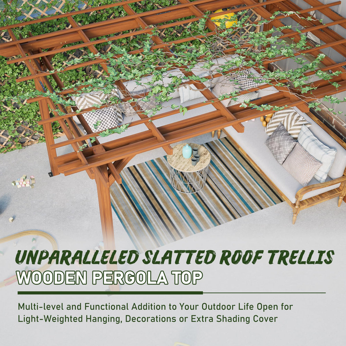 Outdoor Wooden Pergola, Fir Wood, 12x10 Ft, for Patio, Backyard, Garden, Lawn, Natural Brown
