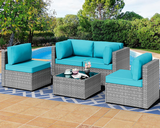 Shintenchi 5 Pieces Outdoor Patio Furniture Sets, Patio Sectional Sofa Couch, Gray PE Wicker Furniture Modular Patio Conversation Sets Patio Sofa with Washable Cushions & Table（Blue）
