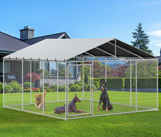 YITAHOME 14.8'x14.8' Large Outdoor Dog Kennel with Metal Dog Gate, Dog Pens Outside with Roof, Dog Fence Outdoor for Yard