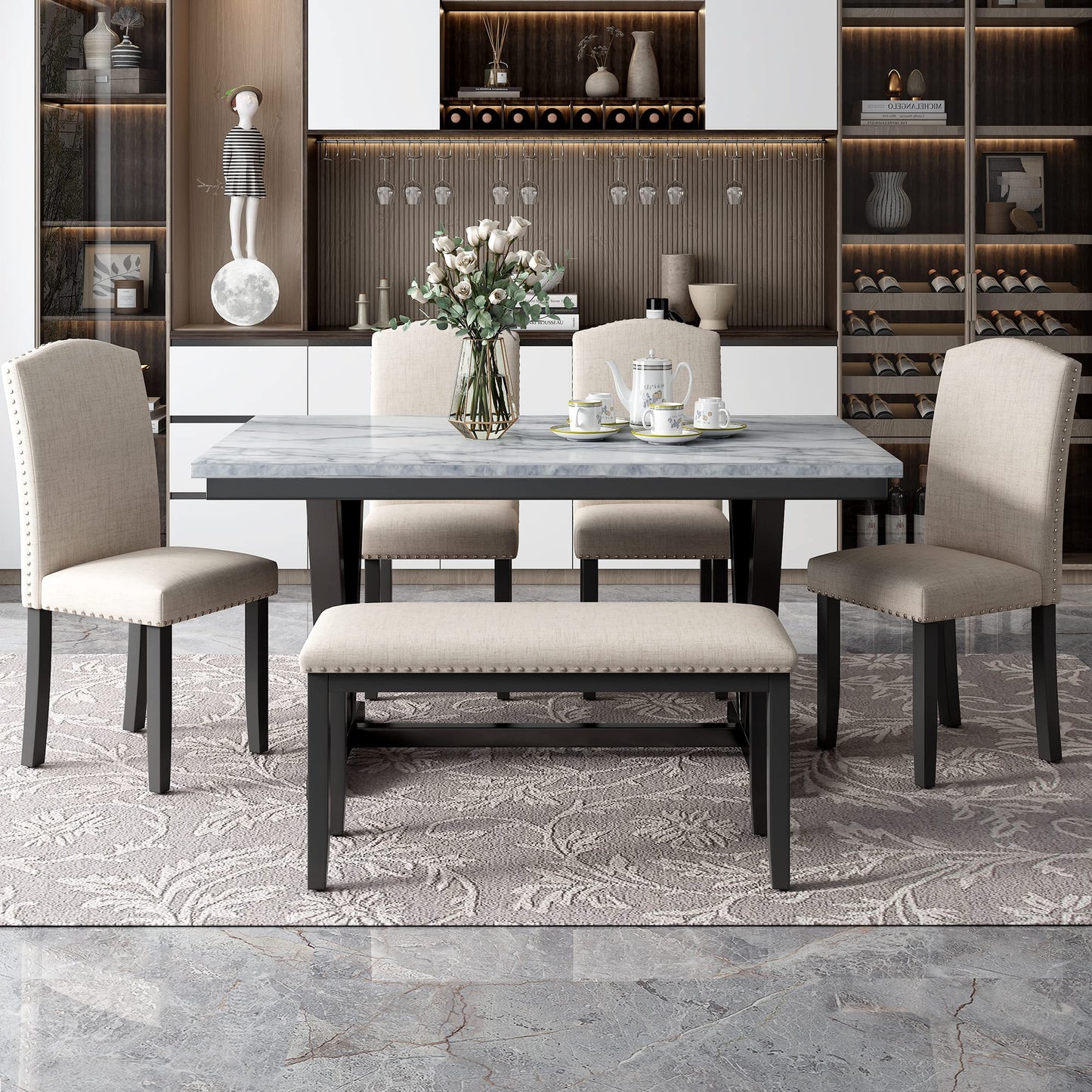 Ball & Cast 6 Piece Dining Table Set with 4 Chairs & 1 Bench,Living Room Furniture W/ 60" Rectangle Marbled Veneers Tabletop Kitchen Desk,for Restaurant,Home Bistro,White