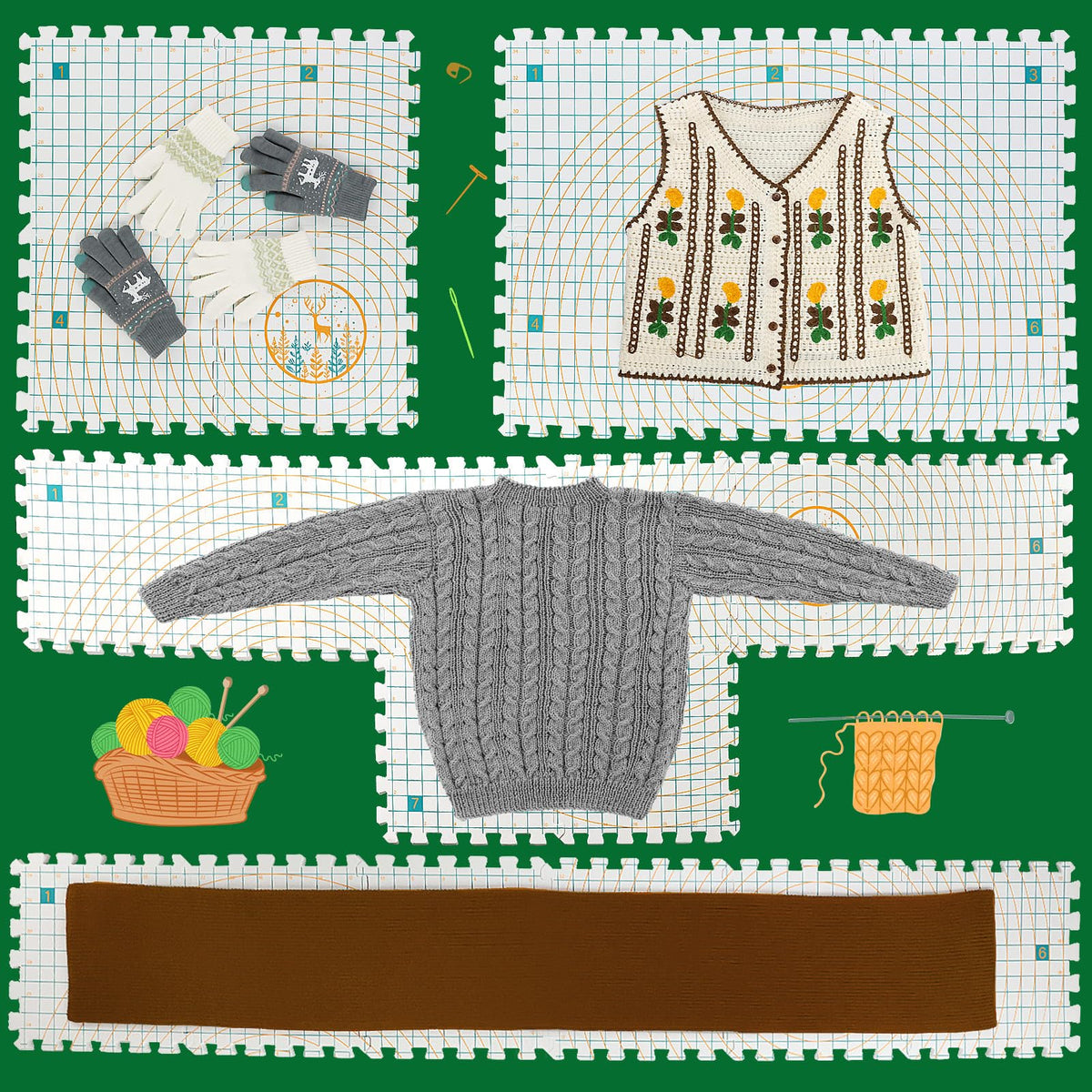 9 Pcs Blocking Mats for Knitting, Extra Thick Blocking Boards with Grids, with 200 T-Pins and 24PCS Knitting Blockers, for Needlepoint or Crochet