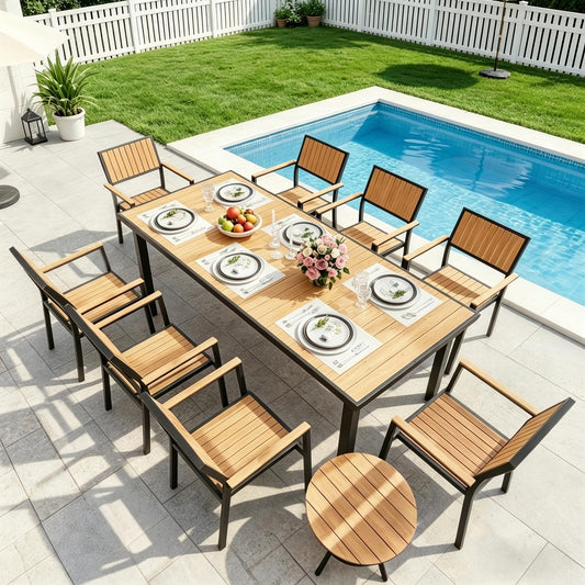 Pamapic 10-Piece Outdoor Dining Set, Patio Aluminum Furniture with Plastic-Wood Table Top & 8 Stackable Chairs, Outdoor Furniture Set for Patio Garden Poolside (Teak)