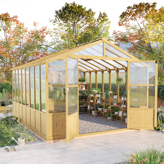 Jocisland 10x13.2 Ft Wood Greenhouse, Wooden Greenhouse for Outdoors with Lockable Door, Walk-in Cedar Greenhouse with Adjustable 2 Roof Vents, Polycarbonate Greenhouse for Outdoors, Garden, Backyard