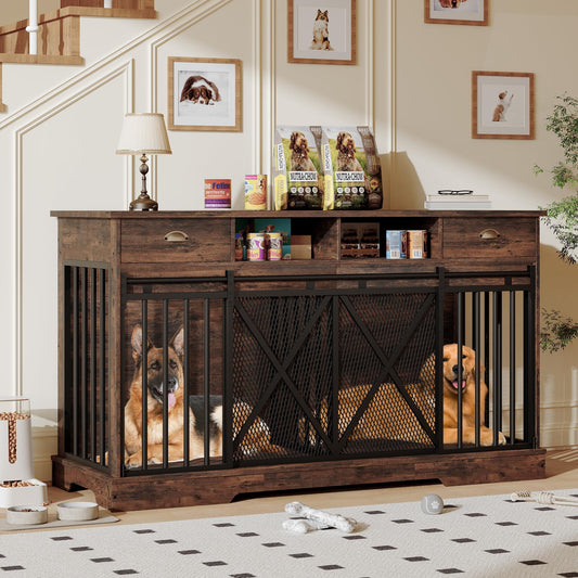 Double Dog Crate Furniture, 63 Inch Heavy-Duty Dog Kennel with Center Divider, Sliding Doors, Drawers and Open Shelves, Indoor Dog House for Living Room, Retro Brown