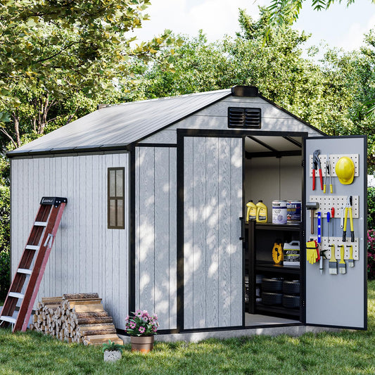 DNYKER 8 x 10 FT Resin Outdoor Storage Shed with Floor, Plastic Outdoor Storage Tool Shed with Windows and Lockable Door, Patio Garden Shed for Lawnmower, Bike, Pool Supply