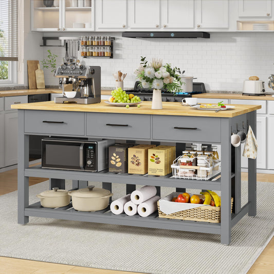 DynJest 60" Solid Rubberwood Kitchen Island with Power Outlets - Extra Large Work Surface, 3 Drawers & 2 Open Shelves Storage Cabinet for Kitchen Dining Room, Farmhouse Style (Grey)