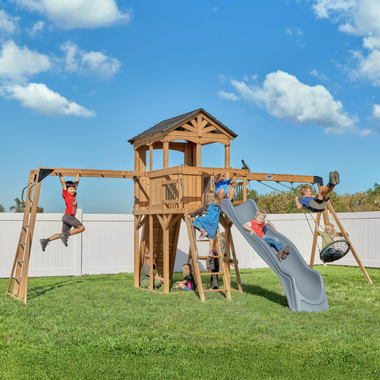 Backyard Discovery Dover Bay Spruce Wood Swing Set with Wave Slide, Clubhouse, Monkey Bars, Rock Wall, Belt Swings, Step Ladder, Toy Telescope, Chalkboard, Outdoor Playset