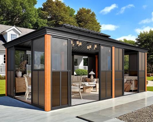 EROMMY 12' X 20' Hardtop Sunroom, Galvanized Steel Double Roof Gazebo Solarium with Wood Grain Aluminum Frame & Detachable Windows, All-Weather Sun Room for Patio Deck Backyard