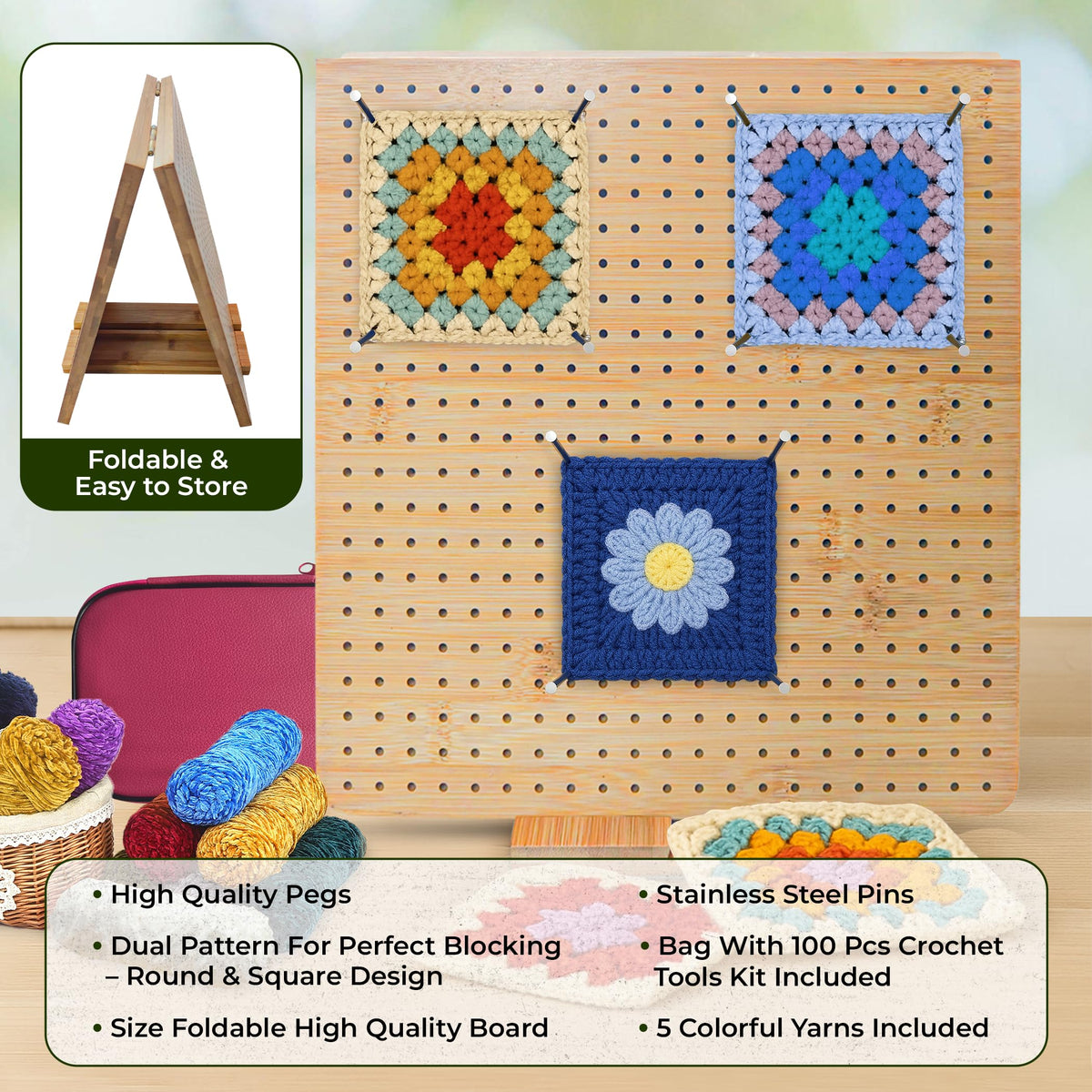 FRAVI Foldable Bamboo Crochet Blocking Board Kit – Dual-Sided Square & Circular Grid 22 × 11 in, 40 Pins + 100 Tools + 5 Yarn Skeins – All-in-One Crochet & Knitting Kit for Beginners & Crafters