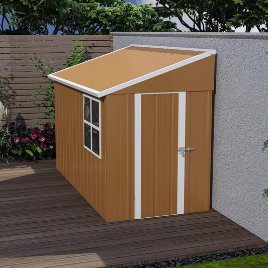 GDFStudio 8x4 FT Heavy-Duty Metal Storage Shed with Hinged Door, Windows & Ventilation, Weatherproof Galvanized Steel Outdoor Garden Shed for Backyard Lawn Patio Tool Storage, Brown, Without Floor