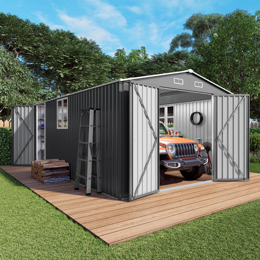 Vigo huseeo 10x14x6.7FT Outdoor Storage Shed, Galvanized Steel Garden Shed with Lockable Door & Window, Waterproof Metal Tool Storage for Garden, Backyard, Patio, Lawn(Grey)