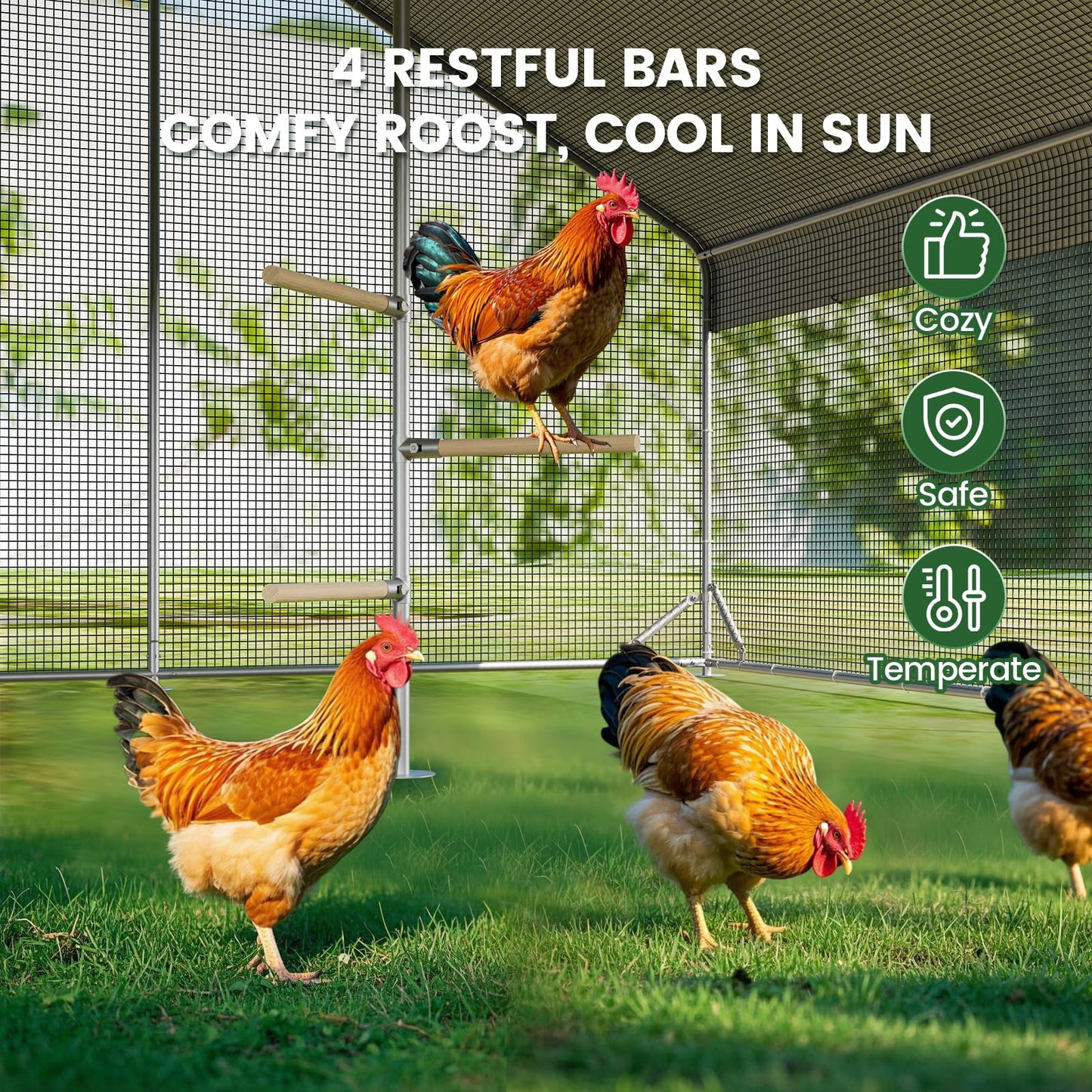 Large Walk-in Metal Chicken Coop with Chicken Run & Hardware Cloth, Solar Light, Waterproof & UV-Resistant Cover, Outdoor Poultry Cage for Farm Use, 3 Room