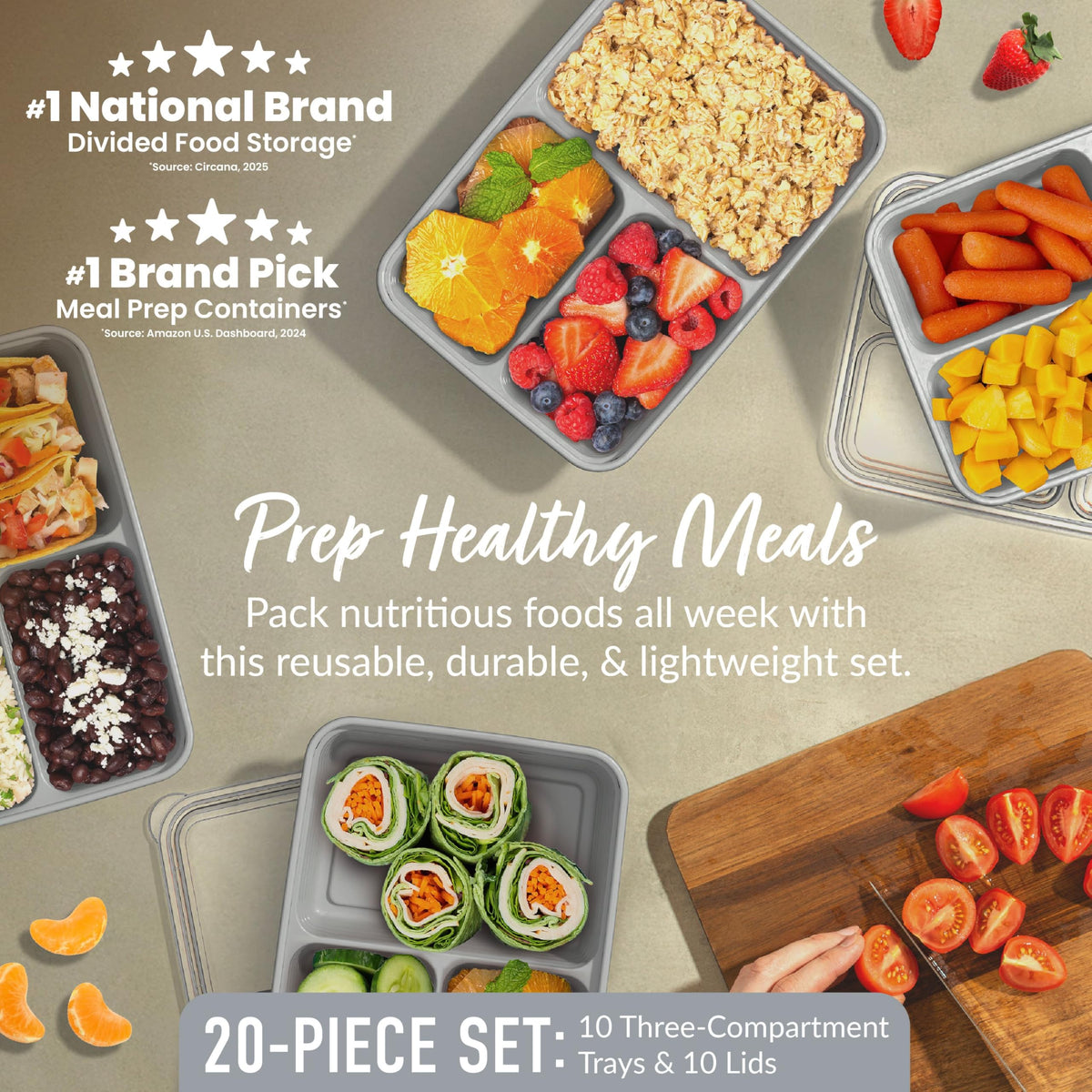 Bentgo Prep - 20-Piece 3-Compartment Reusable Meal Prep Containers with Lids, PFAS & BPA Free Materials, Durable, Microwave, Freezer, & Dishwasher Safe To Go Food Storage (Silver)