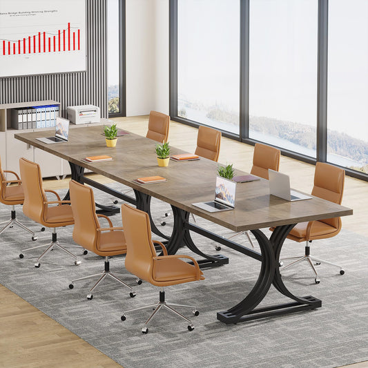 Tribesigns 10.5FT Conference Table, Modern Meeting Table for 8-10 People, Rectangle Seminar Boardroom Table for Office Conference Room with Stylish Legs (2, Grey + Black)