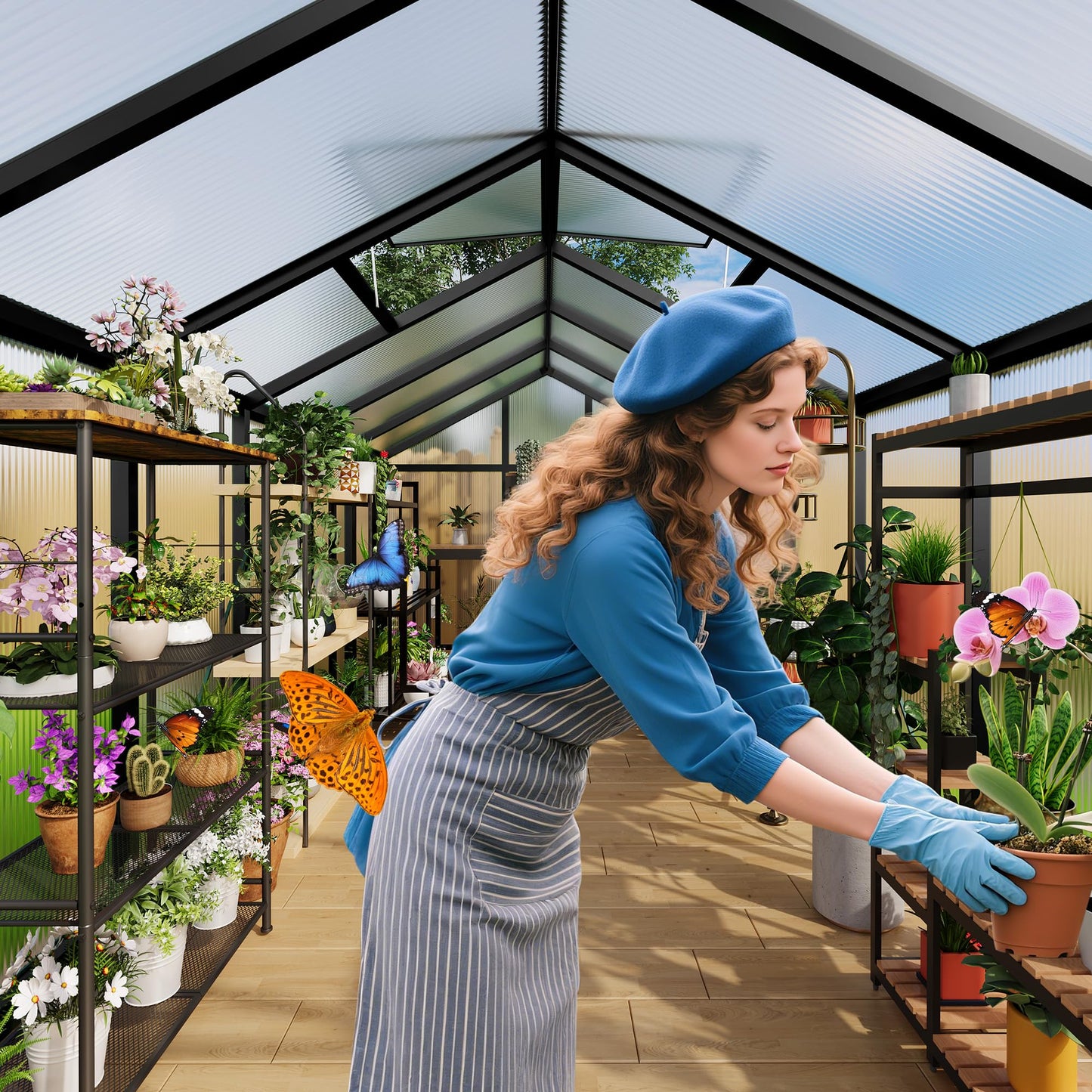 Greenhouse, 6x8 Ft Outdoor Greenhouses, Greenhouse Kit, Portablee Greenhouses with Ground Nails and Vent Windows, Sliding Lockable Door, Polycarbonate Green House for Outside Garden Backyard, Black