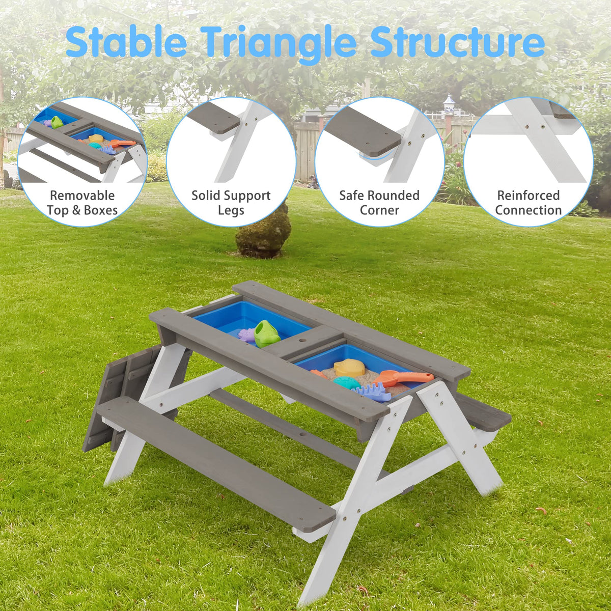 3-in-1 Kids Outdoor Wooden Picnic Table with Umbrella, Convertible Sand & Wate, Gray ASTM & CPSIA Certification