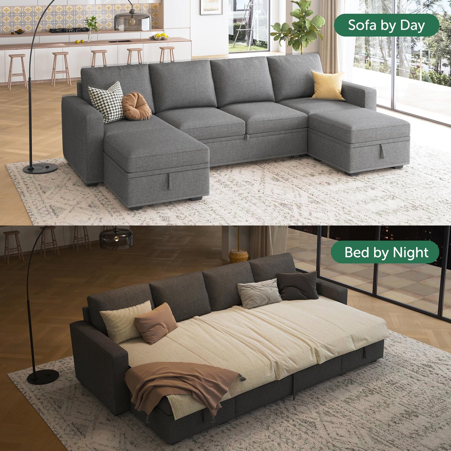 HONBAY Modular Sectional Sleeper Sofa Bed, Sectional Couch with Pull Out Bed U Shaped Modular Couch with Storage Ottoman for Living Room, Dark Grey