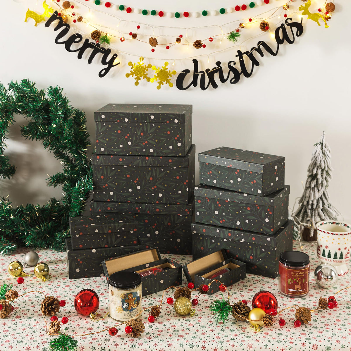 Soul & Lane Christmas Boxes with Lids - Set of 10, Charming Festive Gift Boxes, Decorative Cardboard Holiday Storage with Enchanting Leafy Botanical Pattern