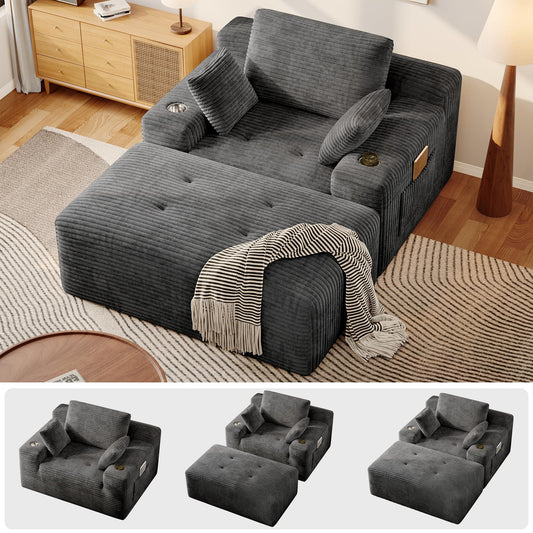 Vintagemine 67" Oversized Chaise Lounge Sofa Indoor, Sleeper Couch Chair with Cup Holders & Side Pocket | High-Density Memory Foam | Living Room Sofa Bed | Boneless Chaise | No Assembly (Gray)