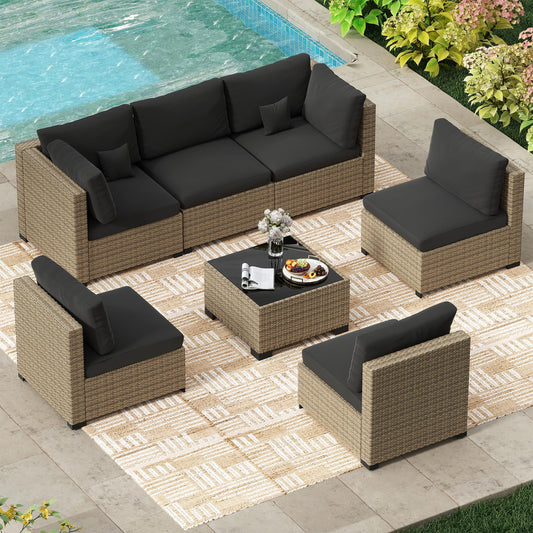 LHBcraft 7 Piece Outdoor Patio Furniture Set, Wicker Patio Furniture Set Outdoor Patio Sectional Sofa for Backyard Rattan Patio Seating with Black Cushion