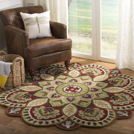 SAFAVIEH Novelty Collection Area Rug - 8' Round, Red & Taupe, Handmade Boho Floral Rustic Country Wool, Ideal for High Traffic Areas in Living Room, Bedroom (NOV604Q)
