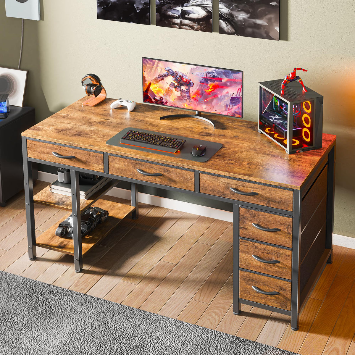 Huuger Computer Desk with 6 Drawers, Office Desk with Shelves, Reversible Gaming Desk, Corner Desk with Storage, Work for Home Office, Study, Living Room, 47inch, Rustic Brown
