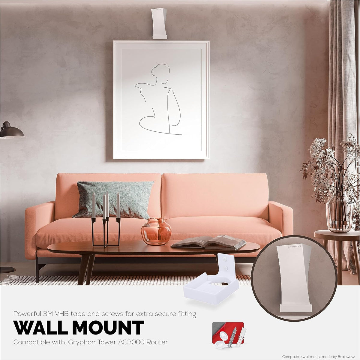 BRAINWAVZ AC3000 Wall Mount for Gryphon Tower Mesh WiFi Router, Easy to Install Holder Bracket, Reduce Interference