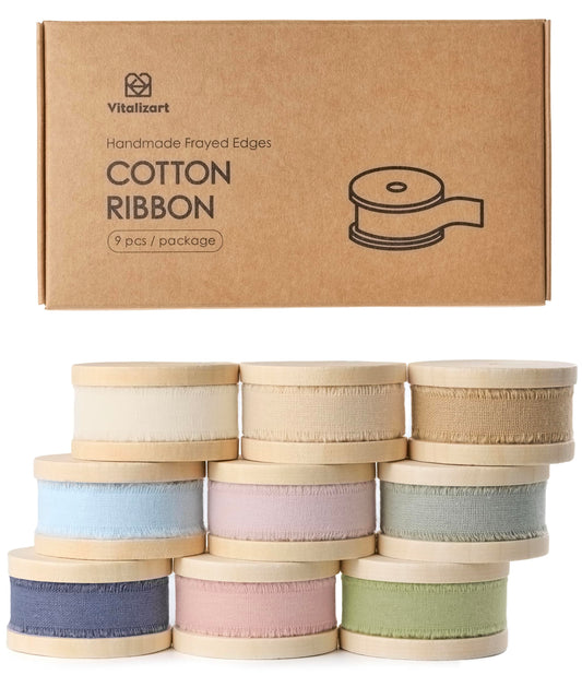 Vitalizart Cotton Ribbon Handmade Fringe 5/8" x 63 Yd 9 Rolls Mixed Color Pure Natural Cotton Ribbons for Gift Wrapping Wedding Invites Bridal Shower Bouquets Holiday Decor