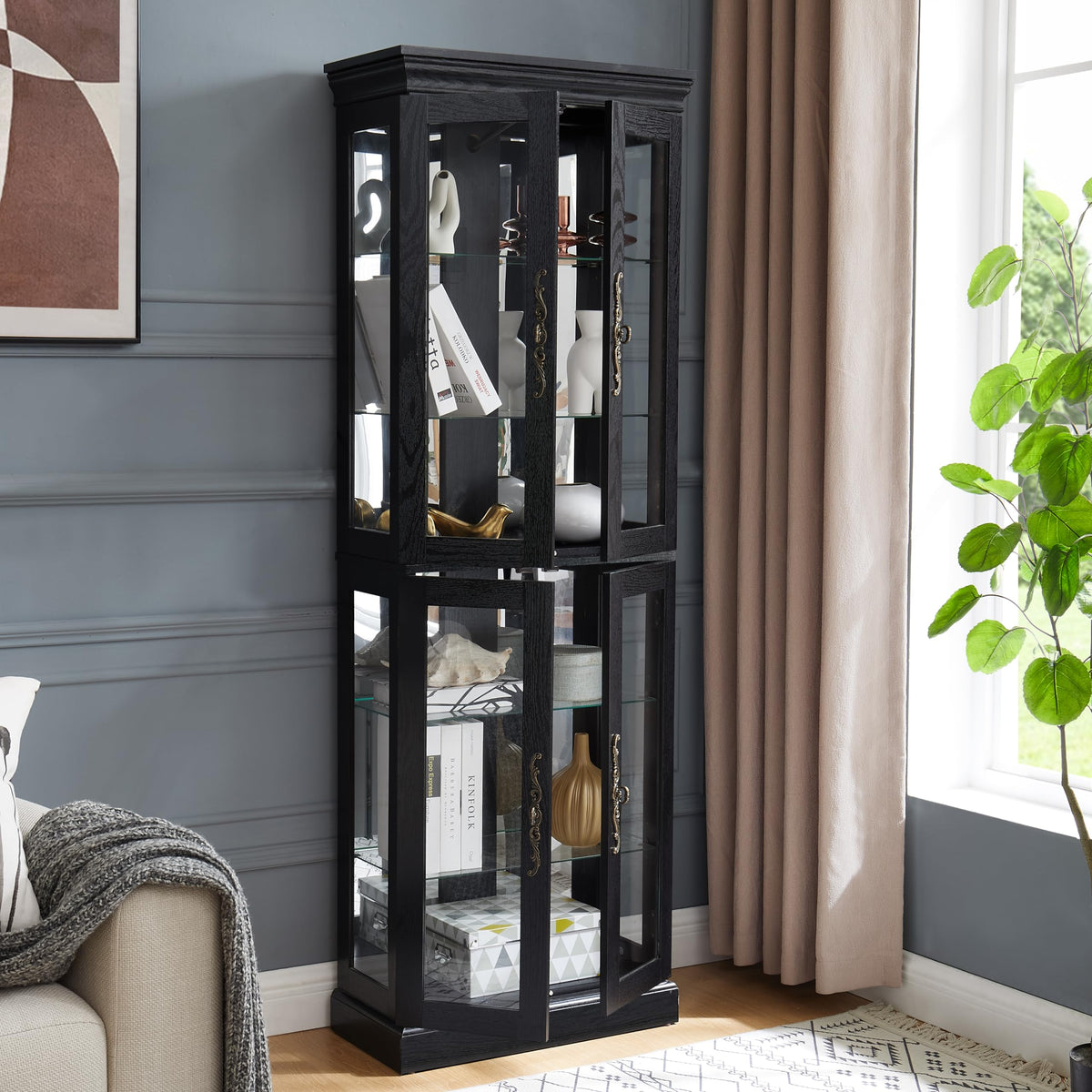 Elegant Lighted Glass Curio Display Cabinet Wooden Frame Storage for Living Room, Kitchen Includes Light Bulb Ideal for Wine, Toys Collectibles Black