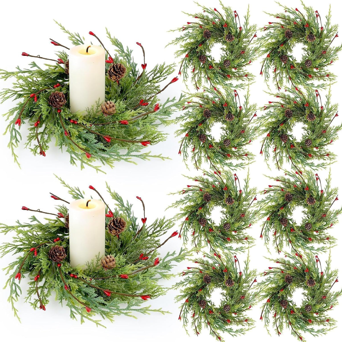 Skiennix 8 Pcs Artificial Christmas Candle Rings - 9 Inch Cedar Pine Garland Wreaths with Red Berries & Pinecones for Winter Table Centerpiece