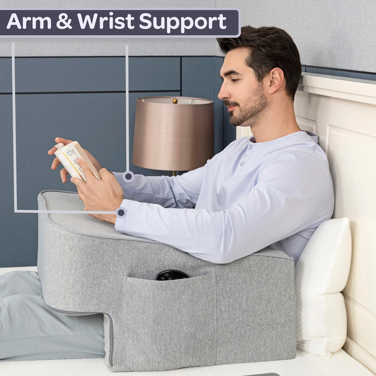 Lavish Home Reading Pillow for Gaming - Lap Desk Pillow with Arm Rests, Storage Pockets, and Removable Washable Cover - Laptop Pillow for Reading, Gaming, Studying, and Working (Gray)