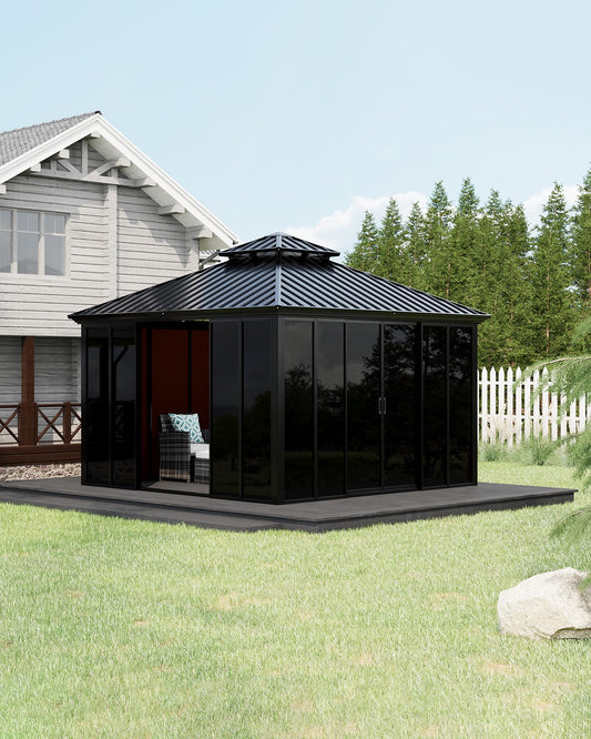 GarveeLife 12x12 ft Sunroom Hardtop Gazebo, Enclosed Gazebo with Floor-to-Ceiling Sliding Doors, All-Aluminum Alloy Frame, Screen Outdoor Room Solarium for Backyard, Patio, and Deck