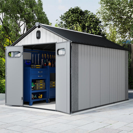 Domi 8x14Ft Resin Outdoor Storage Shed, Plastic Garden Shed with Carpet, Outside Weatherproof Storage Building for Tools, Bike, Lawn Mower, Patio, Backyard