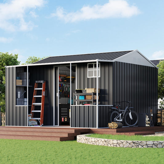 VanAcc 10×10.5×7 FT Metal Storage Shed, Dual-Zone Tool Shed with Work Area, Reinforced Frame, Gable Roof, Ventilated Design, Dark Grey