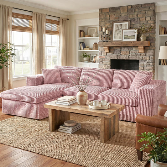 Shintenchi Boneless Couches for Living Room,Modular Sectional Sofa with Deep Seat,Memory Foam Cloud Couch with L Shaped Oversized Chaise,No Assembly Needed Plush Corduroy Sofa,Pink