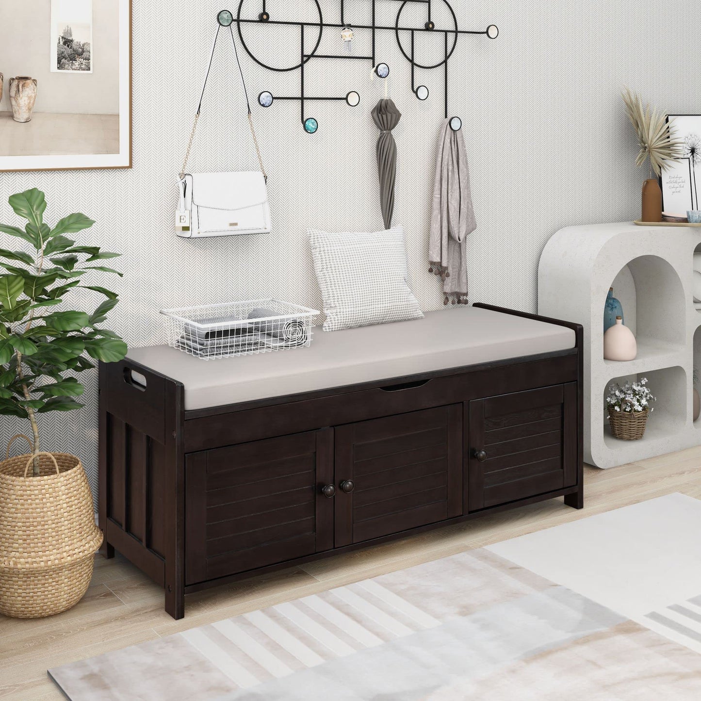 Acosure Wood Storage Bench 3 Shutter-Shaped Doors,Multifunction Shoebox W/ 2 Size and Removable Cushion & Hidden Savings Space,for Entryway,Bedroom,Living Room,Espresso