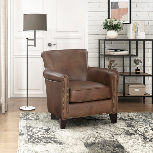 Lexicon 100% Top Grain Genuine Leather Chair, Leather Accent Chairs for Living Room, Solid Wood Frame, Rolled Armrest & Nailhead Trim, Comfy Reading for Bedroom, Office, Waiting Room, Classic Brown