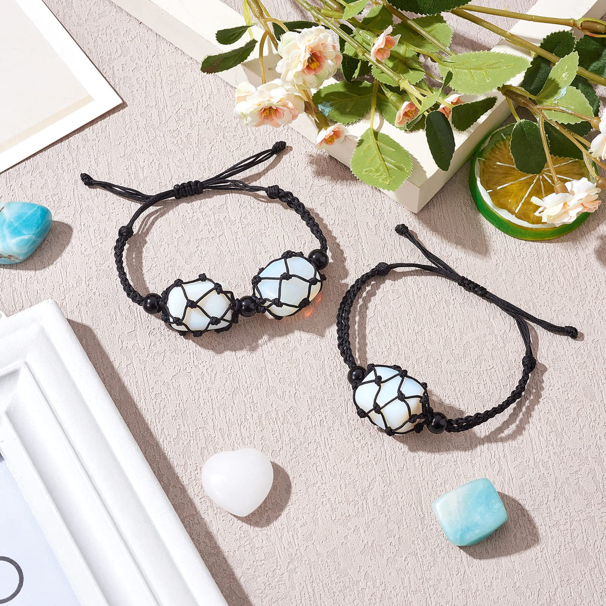 WEWAYSMILE 2 Pcs Empty Crystal Bracelet Holder Adjustable Stone Cage Cord Nylon Braided Netted Holder Crystal Bracelets Cord for DIY Bracelet Making(Black)