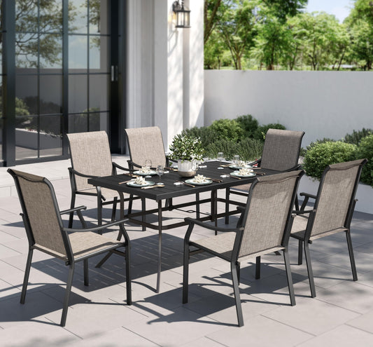 PHI VILLA Patio Dining Table and Chairs for 6,Outdoor Chairs with Textilene Fabric,Quick-Dry and Waterproof,Large Metal Table with Umbrella Hole,Durable and Sturdy for Outside,Garden,Yard