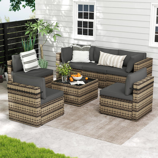 PATIOPIA 7-Piece Outdoor Sectional Sofa Set, Weather-Resistant Patio Furniture Set with Washable Cushions and Coffee Table, Black Rattan Patio Conversation Set for Poolside, Backyard, Deck (Beige)